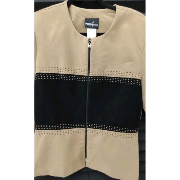 Vintage Positive Attitude Women Camel Black Long Sleeve Zip Jacket Padded Sz 14 - Picture 4 of 10